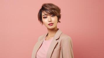 ai genererad asiatisk kvinna i företag kostym med rosa bakgrund, ai foto