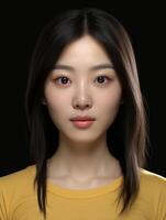 ai genererad asiatisk kvinna med lång hår i gul skjorta foto