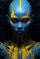 ai genererad kvinna med blå och gul måla på ansikte foto