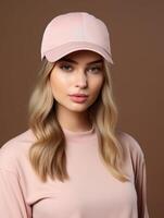 ai genererad blond kvinna i rosa hatt foto