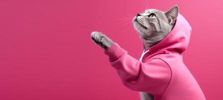 ai genererad fashion-forward katt i solglasögon och luvtröja strejker en lekfull utgör på en rosa bakgrund, med riklig Plats för din text foto
