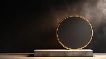 ai genererad en modern runda podium med gyllene kanter på en mörk texturerad bakgrund, idealisk för visa upp kosmetisk Produkter foto