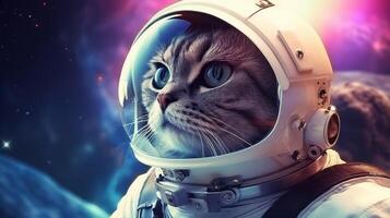 ai genererad en katt i ett astronaut hjälm blickar in i Plats, med kosmisk bakgrunder av stjärnor och nebulosor. de bild visas en kreativ blandning av sci-fi och sällskapsdjur teman foto