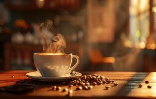 ai genererad en ångande kopp av kaffe med latte konst på en fat dekorerad med kaffe bönor, på en rustik trä- tabell i en mysigt kök miljö foto