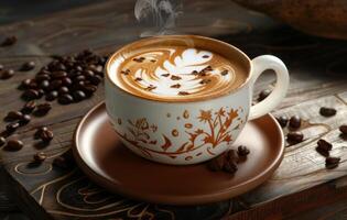 ai genererad en ångande kopp av latte konst kaffe vilar på en trä- yta, omgiven förbi kaffe bönor och säckväv, frammanande en värma, mysigt atmosfär foto