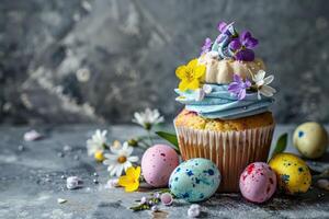 ai genererad påsk muffins festlig påsk efterrätt, dekorerad med mini ägg, vår blommor, Plats för text foto