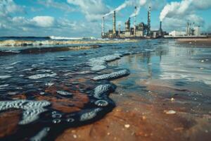ai genererad miljö- påverkan industriell aktivitet, olja och avloppsvatten spill på strand av industriell stad foto