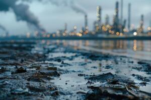 ai genererad miljö- påverkan industriell aktivitet, olja och avloppsvatten spill på strand av industriell stad foto