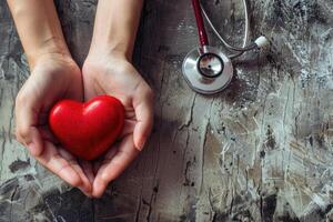 ai genererad stetoskop, händer, hjärta affisch. värld hälsa dag. sjukvård bakgrund, värld hjärta hälsa dag foto