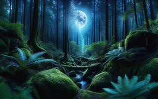 ai genererad full måne i de tät skog på natt. foto