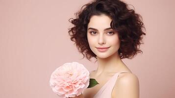 ai genererad kvinna innehav rosa blomma foto
