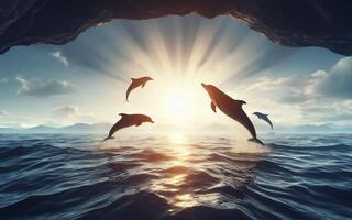 ai genererad delfiner hoppa ut av de vatten. hav yta. fisk hoppa ut av de vatten. hav hav yta foto