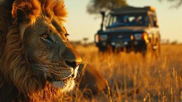 ai genererad safari äventyr, observera en majestätisk lejon upp stänga i dess naturlig livsmiljö, med de väsen av afrikansk vilda djur och växter bevarande ansträngningar foto