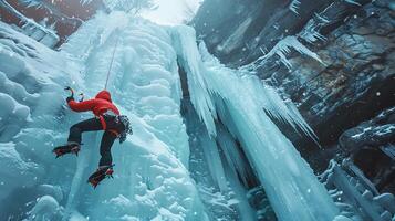 ai genererad en kylning expedition av is klättrande över en frysta vattenfall, highlighting de extrem sport mitt i de isig skönhet av naturens konst foto