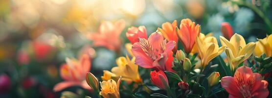 ai genererad skönhet av vår med en trädgård full av vibrerande, blomning blommor, visa upp naturens förnyelse i en spektrum av färgrik prakt. foto