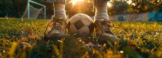 ai genererad intensiv fokus på fotboll spelarens fötter och skor, visa upp skicklighet och precision på de gräs fält med Plats för text i eftermiddag solljus. foto