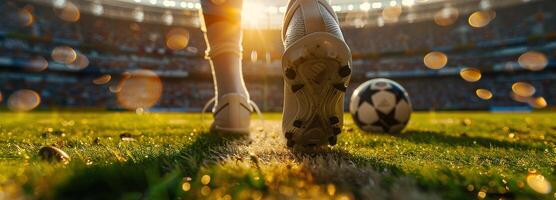 ai genererad intensiv fokus på fotboll spelarens fötter och skor, visa upp skicklighet och precision på de gräs fält med Plats för text i eftermiddag solljus. foto