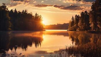 ai genererad hisnande se av en solnedgång i en sjö foto