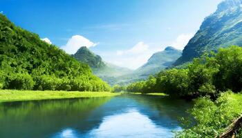 ai genererad ljus natur landskap med bergen intervall och grön träd bredvid flod under blå himmel foto