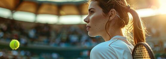 ai genererad professionell kvinna tennis spelare i verkan på de stadion, de eftermiddag Sol highlighting henne fokus och precision med de racket foto