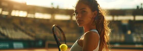 ai genererad professionell kvinna tennis spelare i verkan på de stadion, de eftermiddag Sol highlighting henne fokus och precision med de racket foto