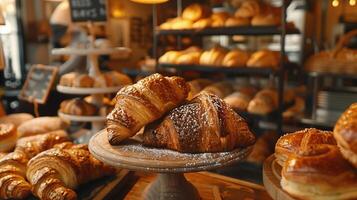 ai genererad hantverkare bakning, färsk surdeg bröd, fjällig croissanter, och gourmet bakverk elegant presenteras i en värma bageri miljö. foto