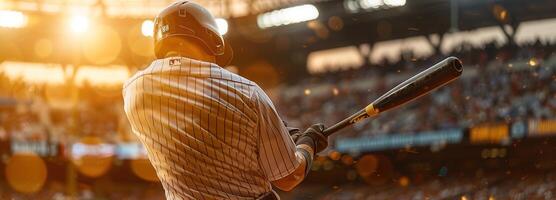 ai genererad professionell baseboll spelare i handling, detaljerad närbild på de stadion under de eftermiddag Sol, symboliserande lagarbete och atletisk skicklighet. foto