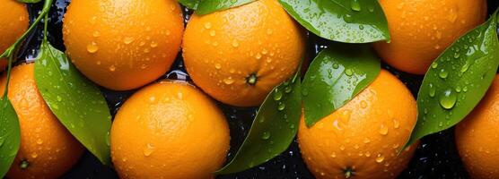 ai genererad saftig orange med löv, highlighting de detaljerad mönster och uppfriskande droppar av vatten på en rikt färgad citrus- frukt bakgrund foto