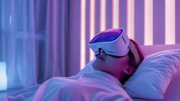 ai genererad kvinna upplever virtuell verklighet i neon ljus foto