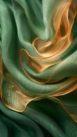 ai genererad grön och orange regnbågsskimrande ljus silke tyg bakgrund foto