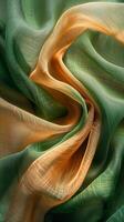 ai genererad grön och orange regnbågsskimrande ljus silke tyg bakgrund foto