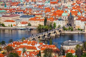 se av charles bro över vltava flod och gammal stad från petri foto