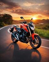 ai genererad motorcyklist ridning en motorcykel på en Land väg på solnedgång. ai generativ foto