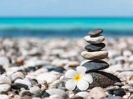 zen balanserad stenar stack med plumeria blomma foto