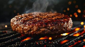 ai genererad grillning bearbeta närbilder av de burger bulle fräsande på de grill utveckling av en välsmakande skorpa foto
