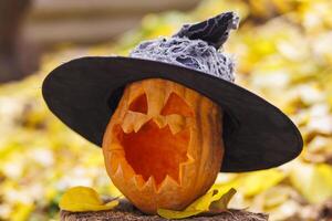 halloween pumpa i häxa hatt på gul löv i de parkera eller skog i höst foto