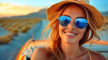 ai genererad porträtt av skön ung kvinna i blå solglasögon och sugrör hatt körning orange årgång bil, livsstil och äventyr begrepp, väg resa bakgrund foto