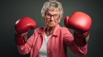ai genererad porträtt av rolig gammal mormor i boxning handskar redo till bekämpa, äldre människor, aktiva seniors bakgrund, galen mormor foto