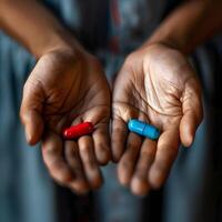 ai genererad närbild på mänsklig händer innehav röd och blå piller, läsplatta, hälsa och medicin begrepp, val, bakgrund, mall foto
