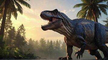 ai genererad dinosaurie, förhistorisk djur och vilda djur och växter bakgrund, tapet, t rex rovdjur foto