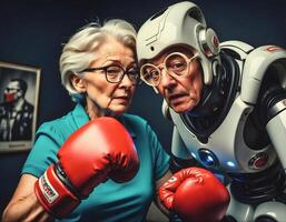 ai genererad rolig gammal mogna mormor med glasögon och röd boxning handskar redo till bekämpa, mormor kämpe, rolig gammal människor foto