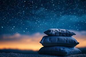 ai genererad pyramid stack av mjuk kudde på stjärna natt bakgrund. begrepp av Bra friska sova, ljuv drömmar och hypnotisk piller foto