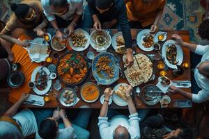 ai genererad arab människor i restaurang njuter en traditionell iftar foto