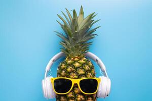mogen ananas med solglasögon och hörlurar på blå bakgrund foto