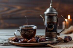 ai genererad arabicum kaffe och datum, dallah med halvmåne måne, ramadan bakgrund foto