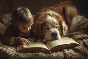 ai genererad barn läser till uppmärksam hund foto