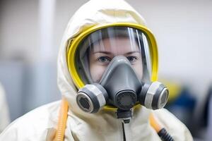 ai genererad kvinna bär handskar med biohazard kemisk skyddande kostym och mask. neuralt nätverk ai genererad foto