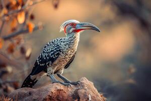 ai genererad fågel rödnäbbade näshornsfågel, Namibia, afrika vilda djur och växter, värld vilda djur och växter dag foto