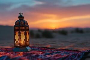 ai genererad upplyst egyptisk lykta förbi arabicum tält i de öken- under ramadan kväll foto