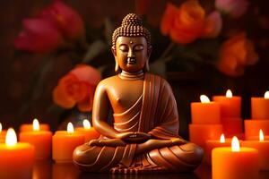 ai genererad meditation buddha staty med ljus och lotus. neuralt nätverk ai genererad foto